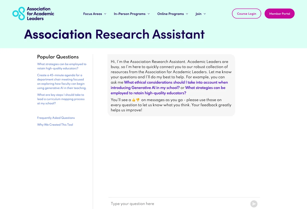 The Association Research Assistant, an AI tool grounded in the Association for Academic Leaders' own resources